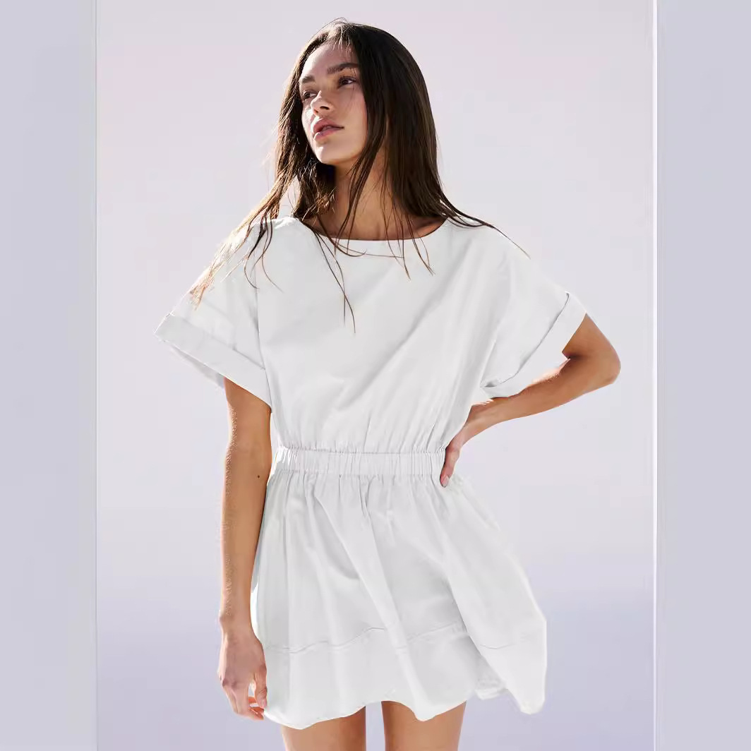 "2024 Summer Fashion Style Women's patchwork cotton five-quarter sleeve round-neck high-waisted dress factory direct sales.