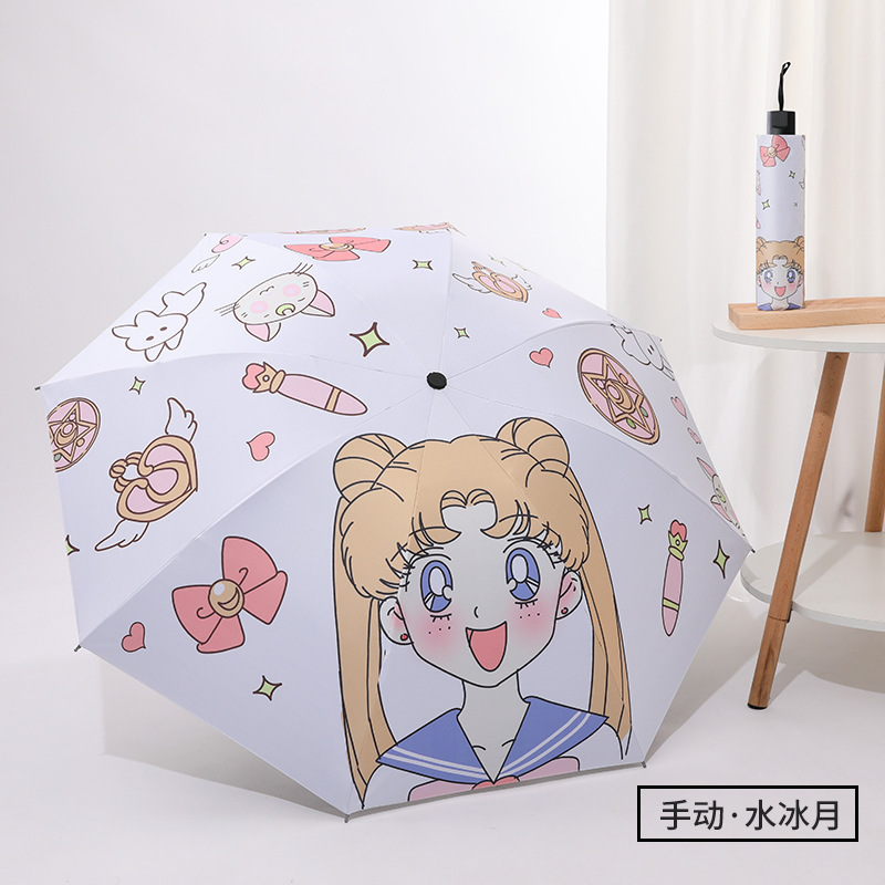 A fully automatic three-fold cartoon digital folding umbrella for sunny and rainy weather with black rubber UV protection, sun protection and shade Specification image