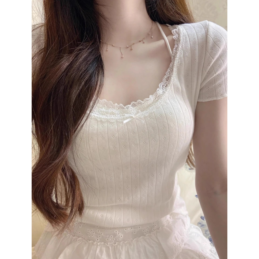 胖mm纯欲蕾丝花边蝴蝶结短袖T恤女夏季2025辣妹褶皱修身短款上衣