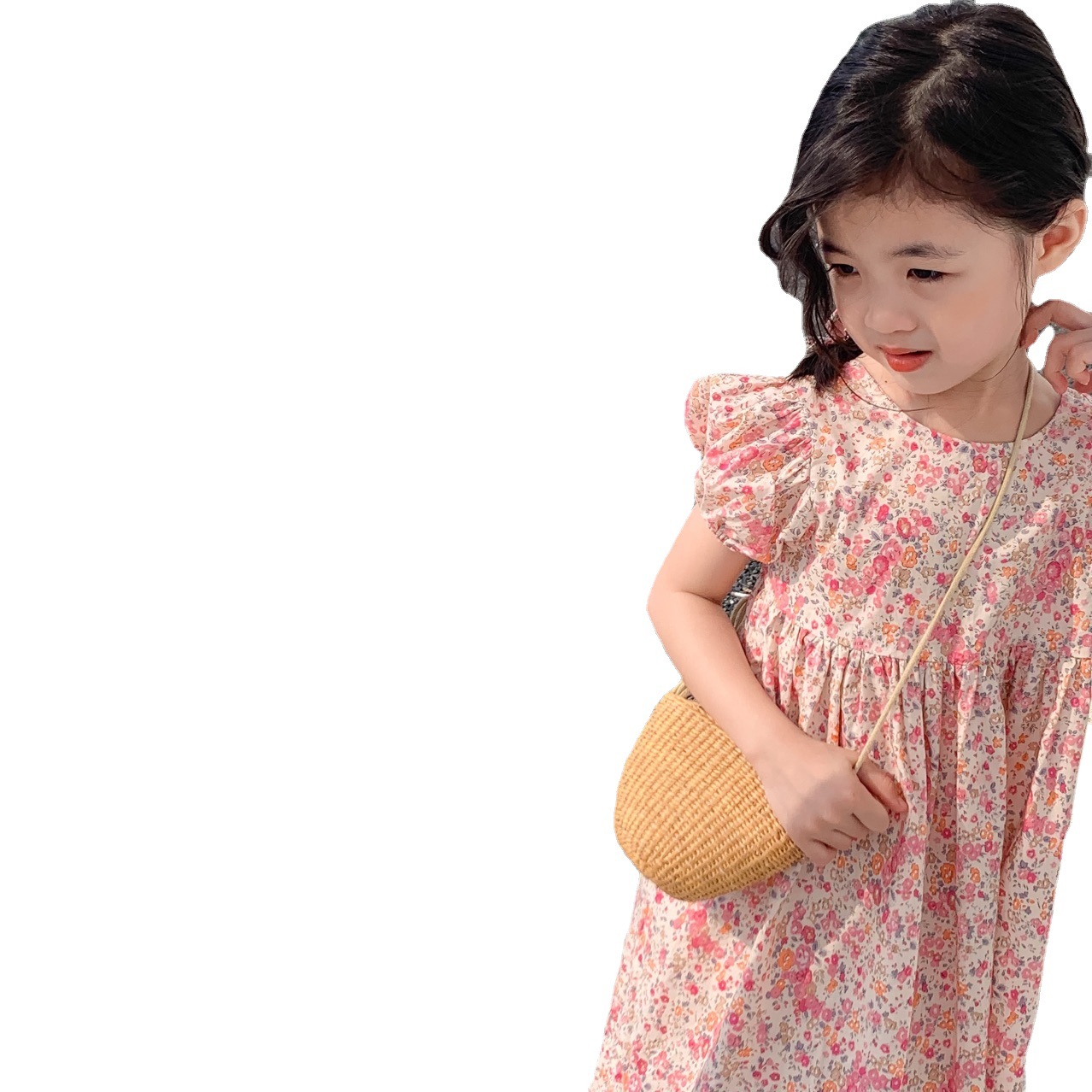 2023 Girls summer short-sleeved dress Korean version pink summer female pure color princess cotton spot skirt Item Picture