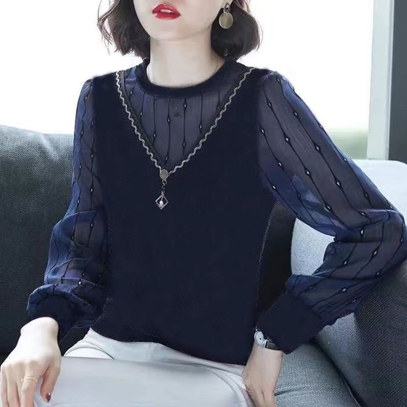 大码女装2023新款秋款蕾丝网纱长袖中年妈妈遮肚打底恤宽松上衣