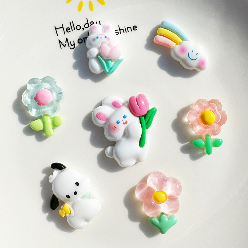 Cartoon glossy flower rabbit diy resin jewelry accessories, phone cases, cream glue patches, hair accessory materials