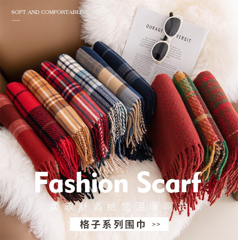 2025跨境仿羊绒格子围巾女冬季高级感时尚简约围脖中长款保暖披肩