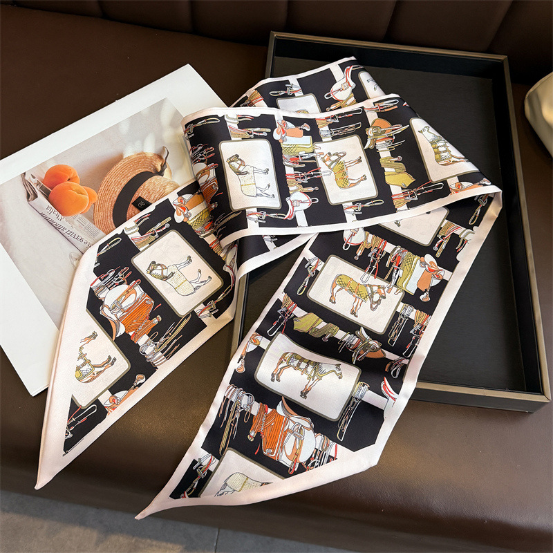 New long and thin printed double-layer scarf for European and American equestrian style, decorative silk scarf, commuting diagonal hair tie scarf, narrow ribbon Application Scenario
