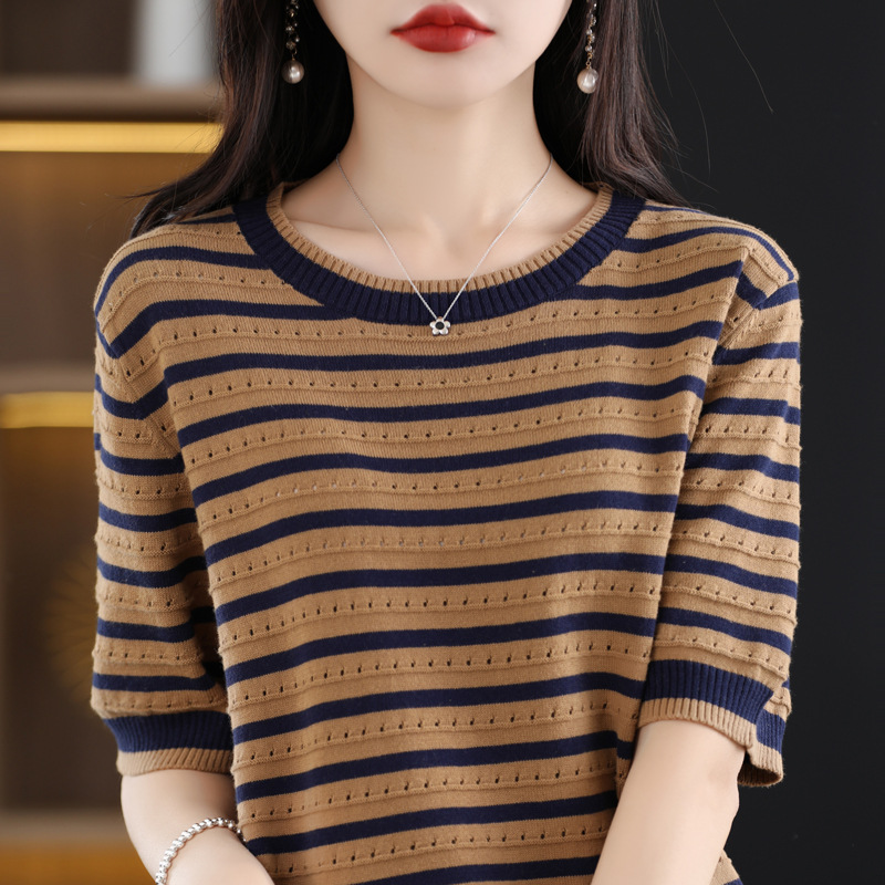 Summer women's tops, all-solid-color knitted cotton short-sleeved women's T-shirts, women's round-neck vests, striped loose, wholesale and consignment for foreign trade Application Scenario