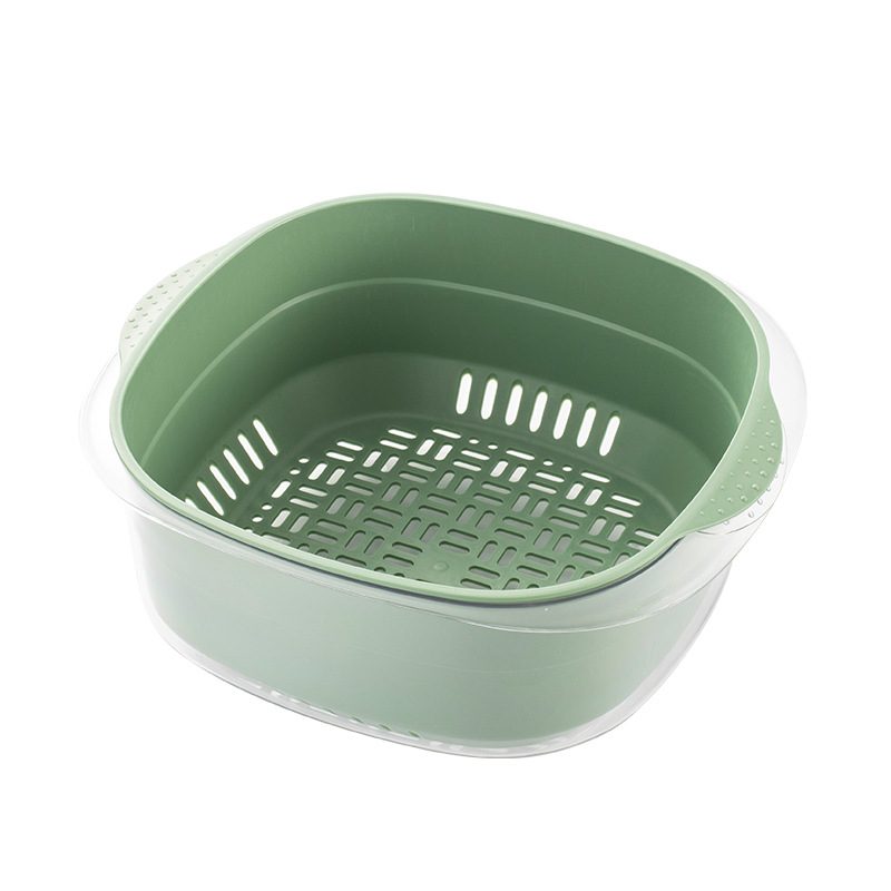 PET双层沥水篮水果篮洗菜盆家用厨房收纳篮透明塑料加厚洗菜篮白底实物图