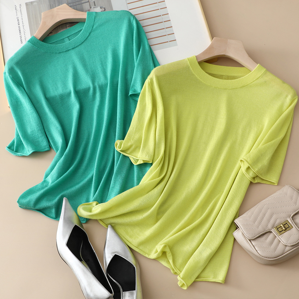 Pinrong 24 Spring/Summer New Women's thin silk cashmere round neck Loose bright color knitted T-shirt Women's sweater