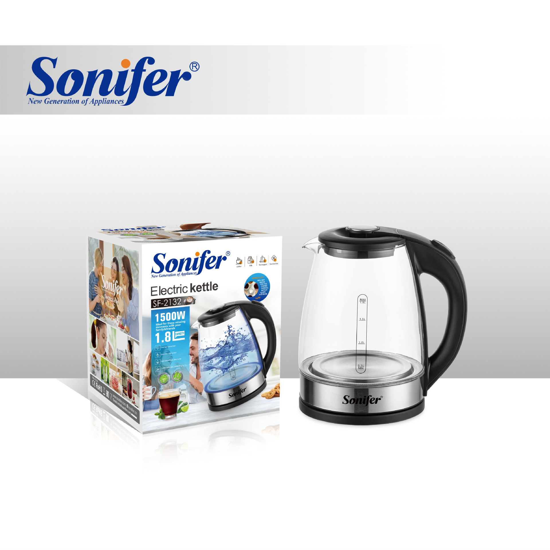 Sonifer SF-2132 1.8L玻璃不锈钢钢电热水壶烧水壶 Glass Kettle
