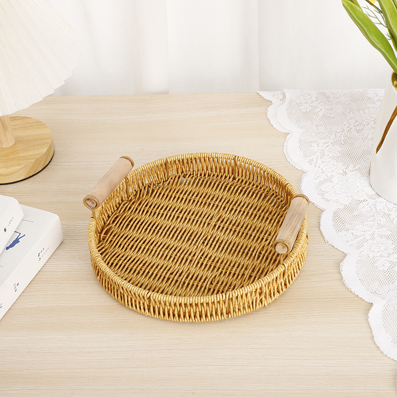 Imitation rattan fruit plate, hand-woven Japanese bread basket, steamed bun basket, living room household storage basket, rattan double-eared tray Specification image