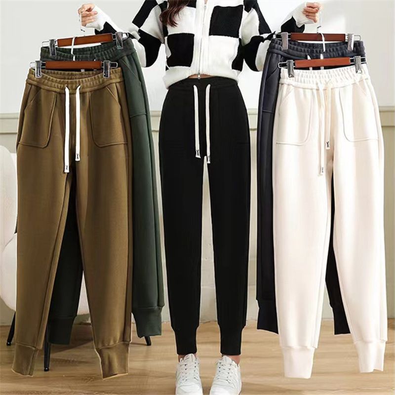 2022 Autumn and winter double-sided fleece windproof outdoor sports pants for women, loose, tight-fitting, large pocket fleece high-waisted thermal sweatpants