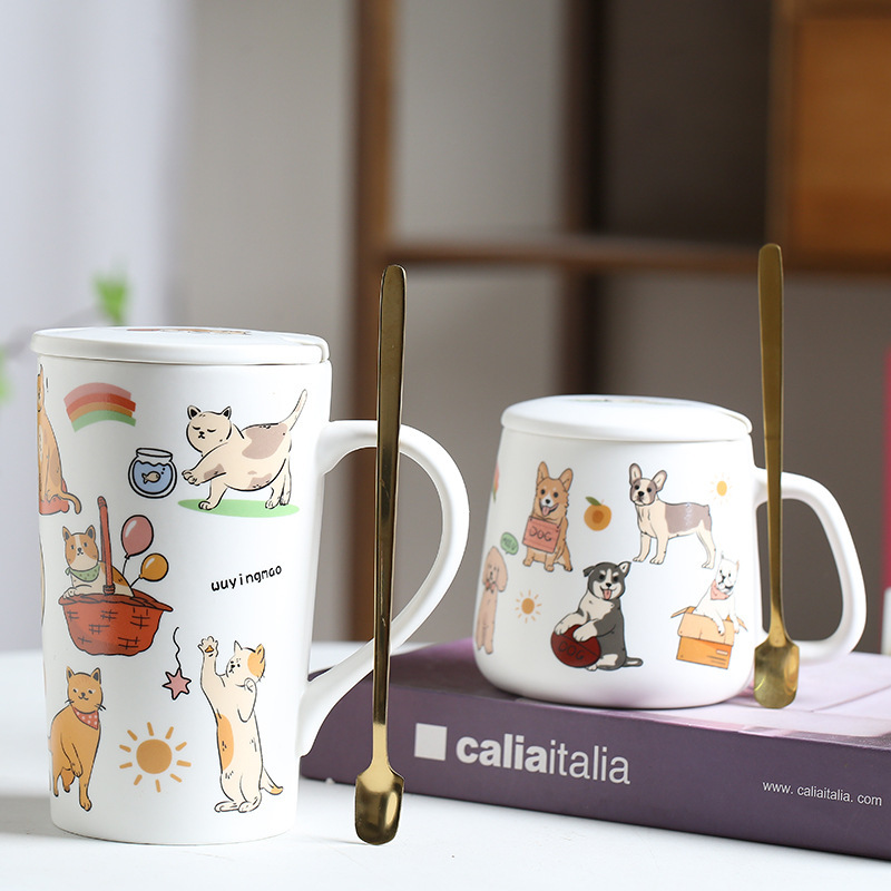 宠物卡通陶瓷马克杯可爱狗狗猫猫咖啡杯带盖勺喝水杯子情侣牛奶杯