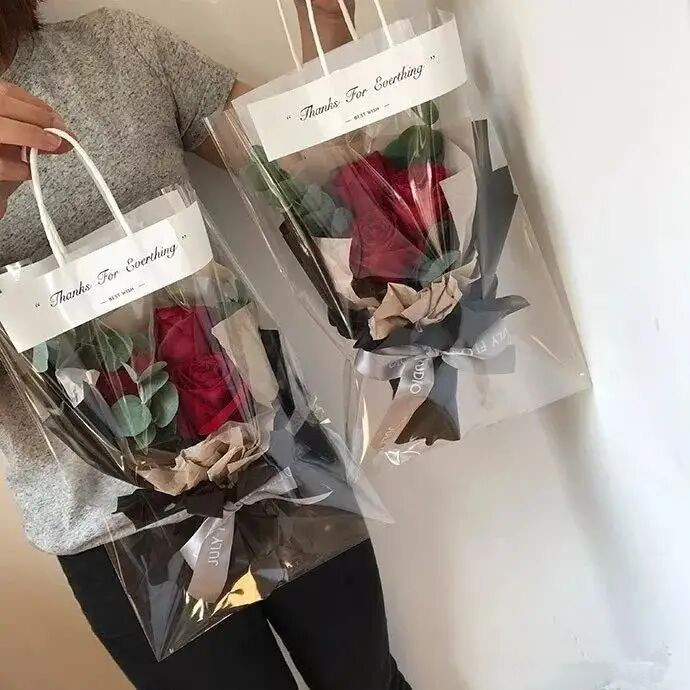 教师节ins网红鲜花透明手提袋简约玫瑰花礼品手提袋opp花束包装袋