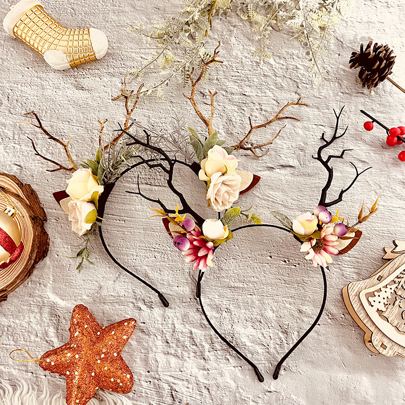 Christmas Forest Girl Antler hairband, ethereal festival accessories, elk hairpin, plush hairpin, Flower fairy hairband