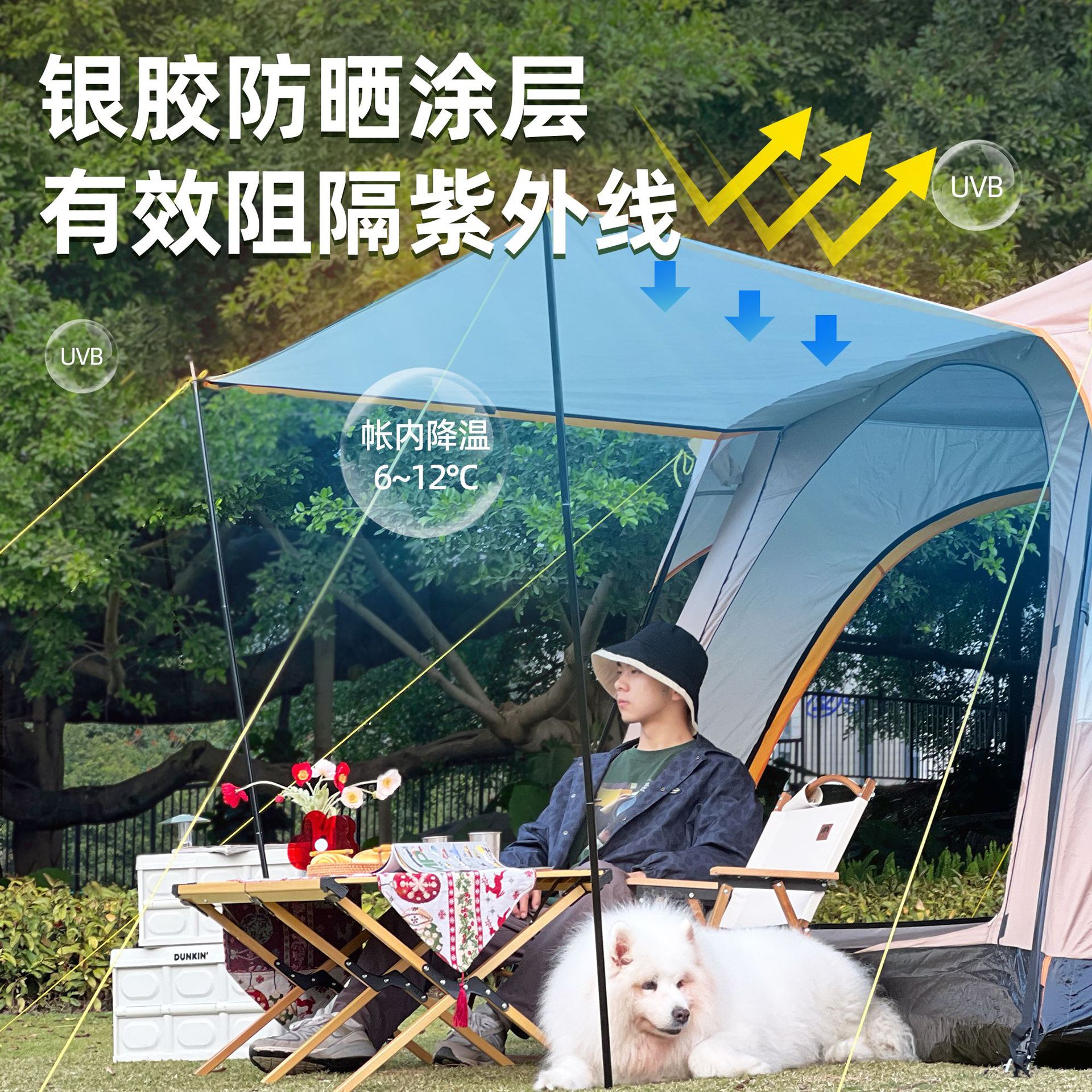 We are a dedicated manufacturer for foreign trade, offering camping tents in stock that are both sun-proof and rain-proof. These are double-layer, two-bedroom, one-living-room portable folding outdoor tents for 8-10 people Specification image