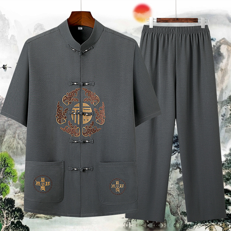 国潮中老年汉服老人衣服爸爸套装中国风爷爷棉麻薄款唐装男春夏装外套