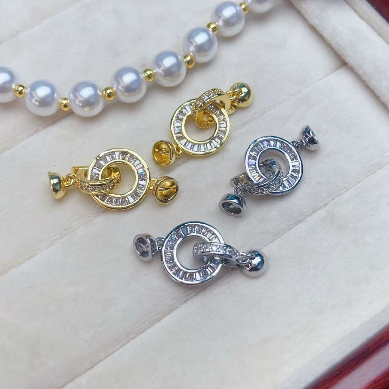 New copper-plated real gold bow pearl buckle DIY accessory, round sweater chain link, end buckle Specification image