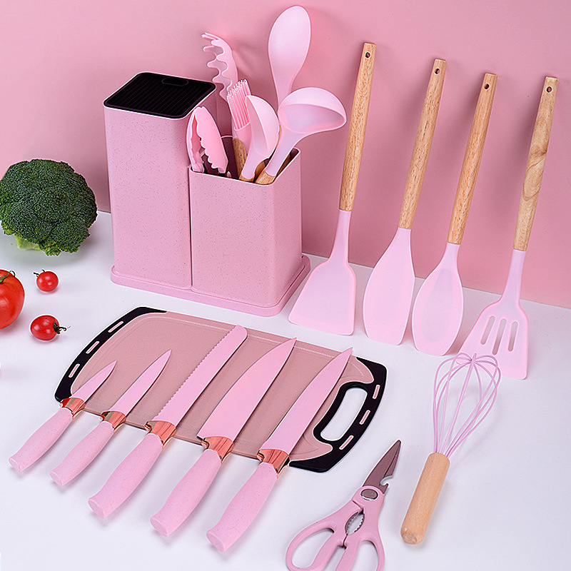 跨境麦秆彩色套装硅胶厨具套装19件套刀具组合套装收纳桶厨房刀具
