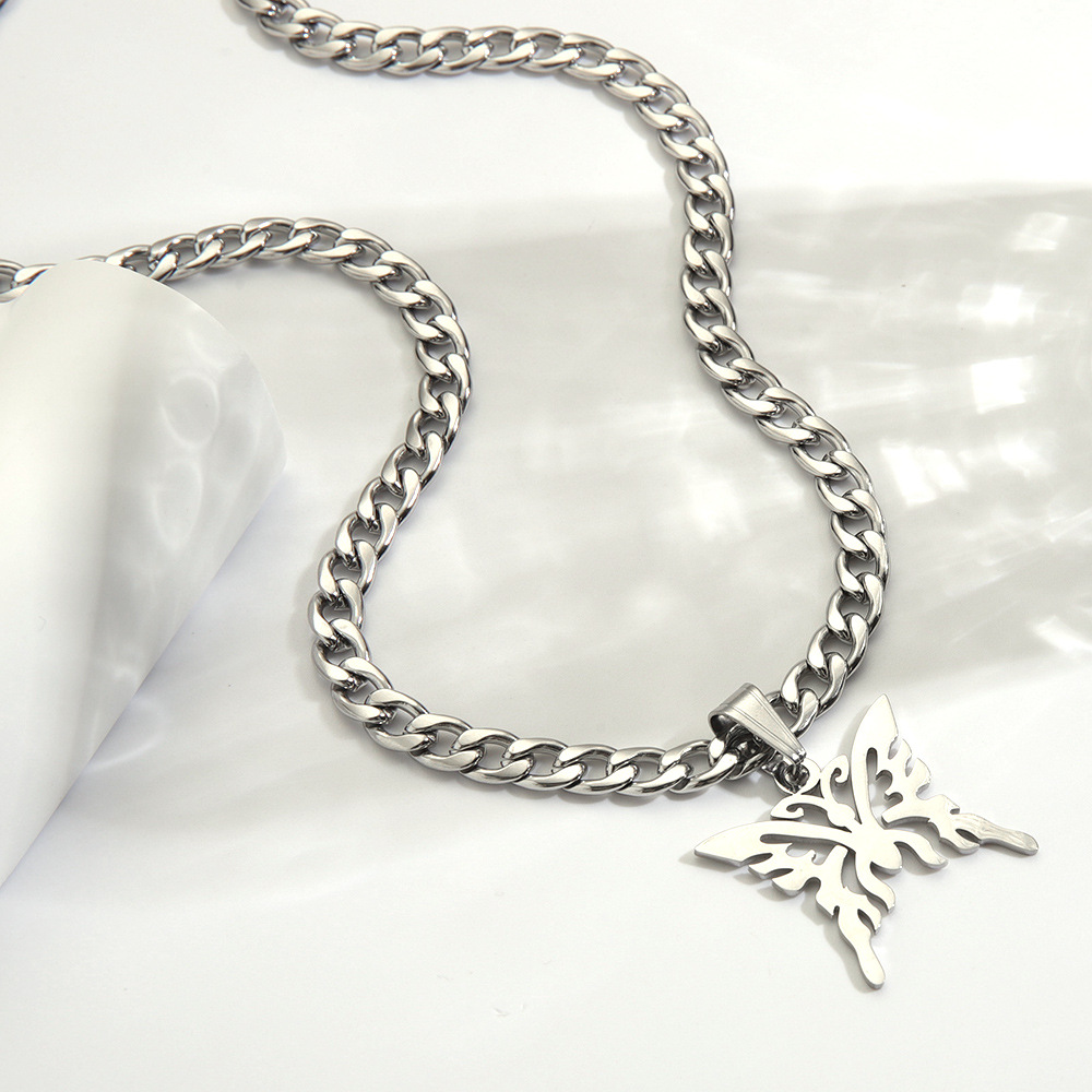 朋克街头风中性钛钢蝴蝶项链 嘻哈链条男女通用不掉色ins风饰品