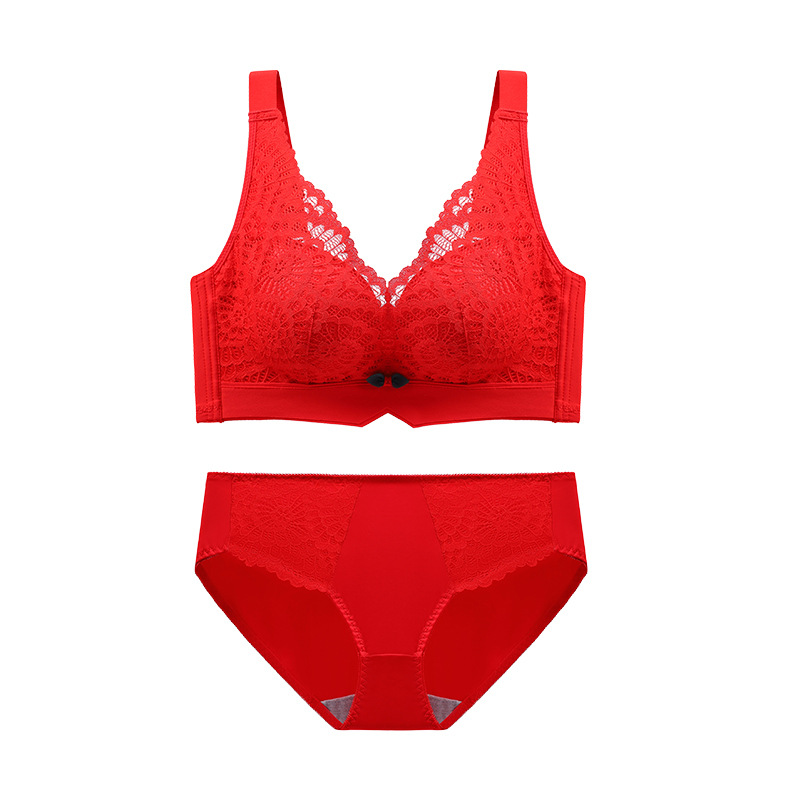 New latex bras without steel rings, sexy lace, breathable vest style, gathering, bright red adjustable lace-hugging underwear for women Item Picture