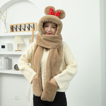 Hat women's winter warm bib gloves all-in-one cap Mickey ears cute furry cap ins street pat ear protection cap