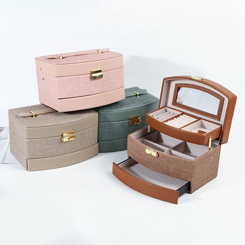 瑾奇中式PU首饰盒三层大容量珠宝饰品盒耳钉耳环项链防尘收纳盒批发YM016