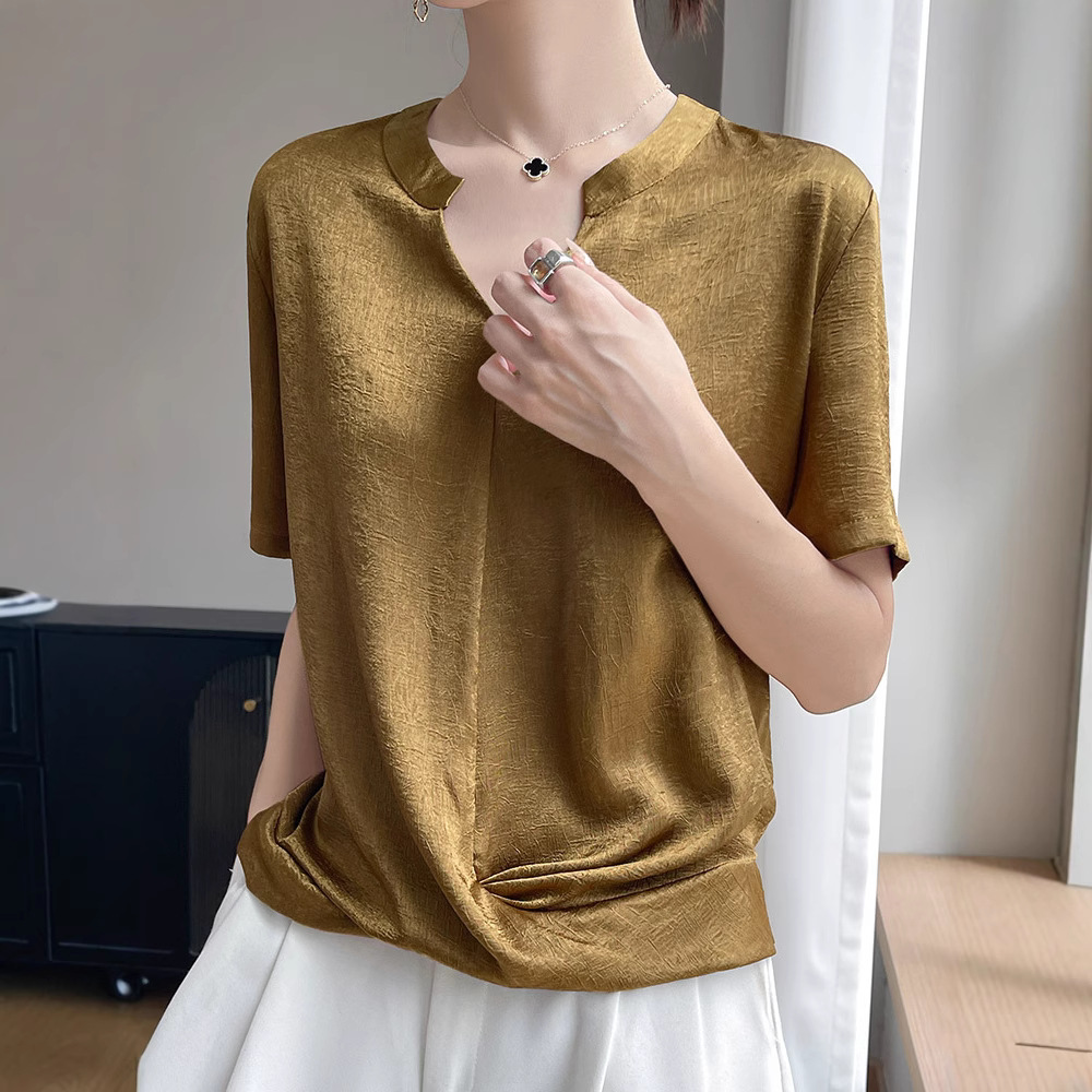Women's summer high-end V-neck T-shirt, belt-covering shirt, acetate satin thin cross-style business plus-size short-sleeved top Application Scenario