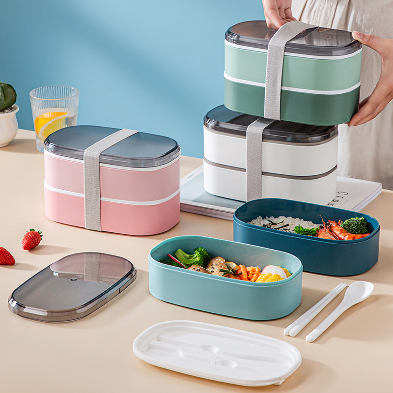 爱优汇日式餐盒绑带塑料可微波上班族学生双层饭盒大容量厂家批发