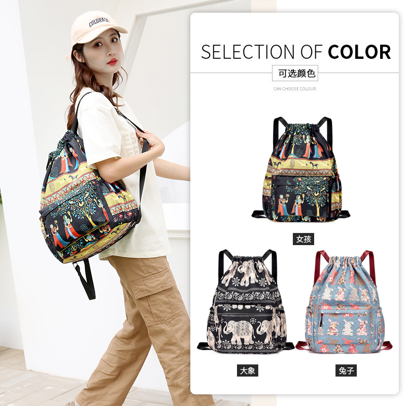 National Style Lightweight Nylon Fabric Bunches Backpack Leisure Drawstring Bucket Bundle Pocket National Style Travel Backpack details Picture