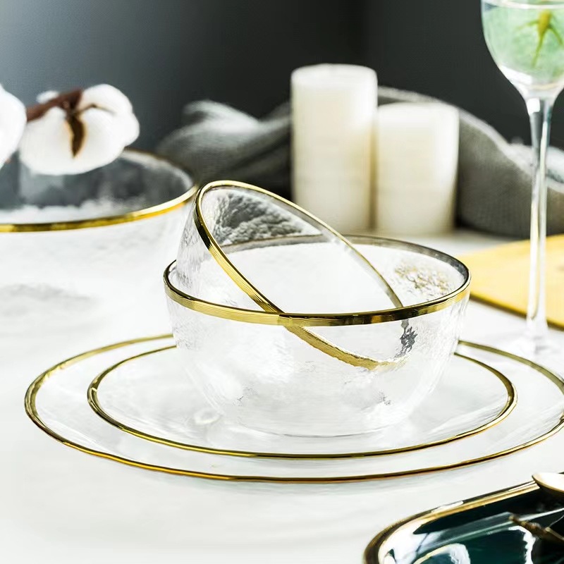 Nordic High Appearance Level Clear Gold Rim Glass Fruit Salad Bowl Plate Home Large Lovely Nordic Bird's Nest Dessert Bowl