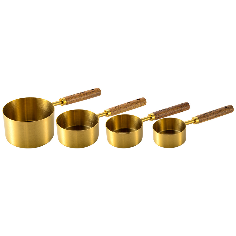 Gold-plated stainless steel measuring cups and spoons, acacia wood handle measuring spoons, eight-piece set of measuring tools, kitchen baking tools Item Picture