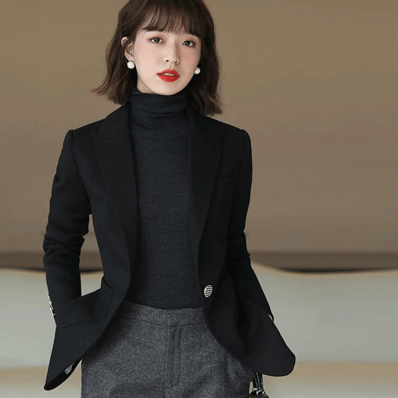 Negro slim lana traje abrigo mujer 2022 nueva moda temperamento un grano hebilla workplace slim traje top details Picture