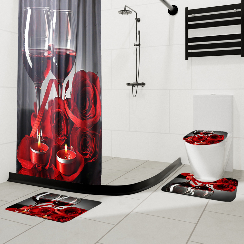 Hot Selling Marble Digital Print Shower Curtain Absorbent Non-Slip U-Shaped Toilet Mat Four-Piece Set Bathroom Four-Piece Set Specification drawing