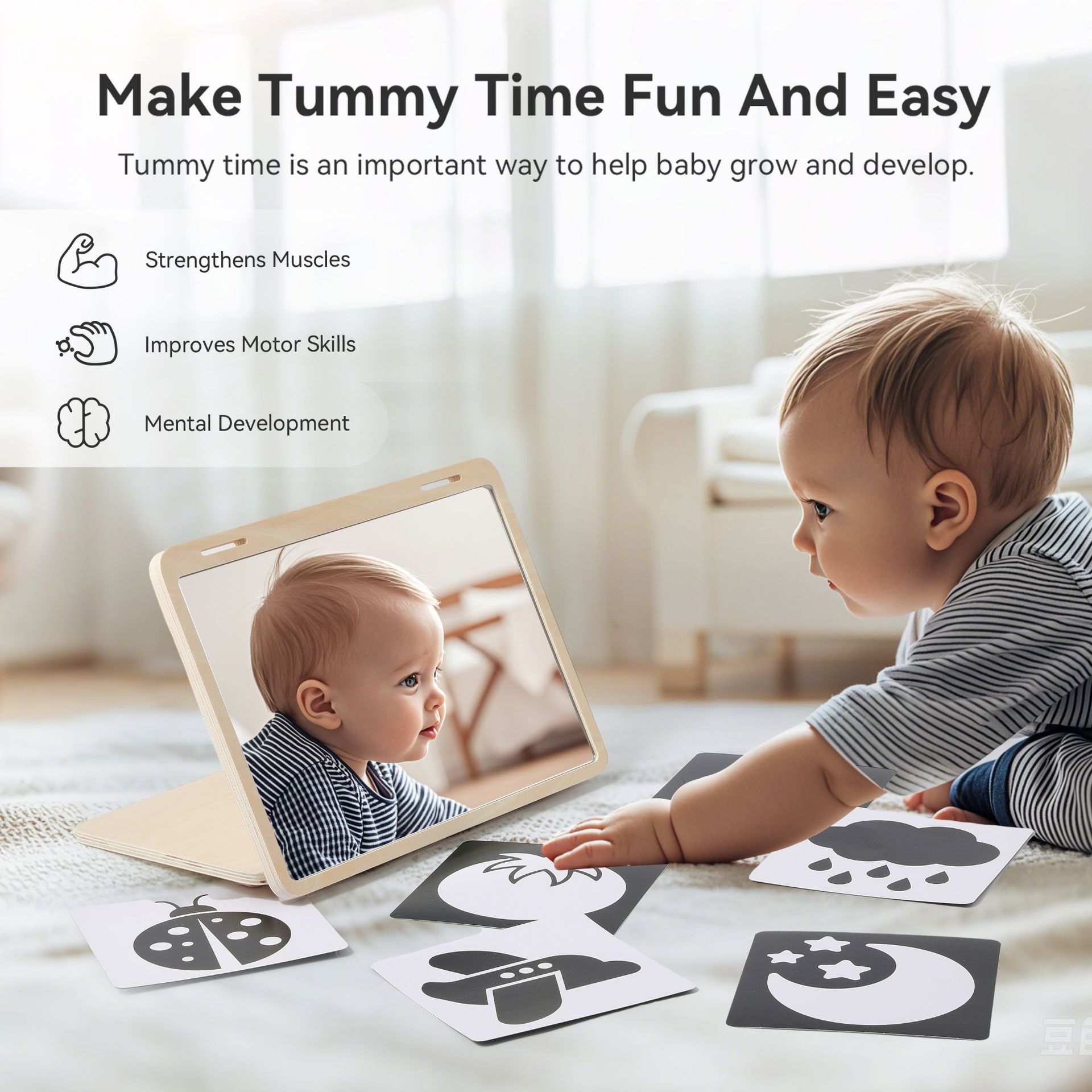 Cross-border bestseller Montessori infant and toddler visual stimulation folding mirror Baby early education toy tracking flash card Application Scenario