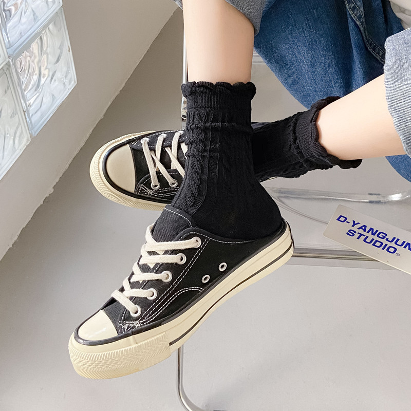 Lace socks, women's mid-calf socks, spring and autumn style, ins, trendy and cute Japanese solid color long socks, mid-calf cotton socks, JK white Application Scenario