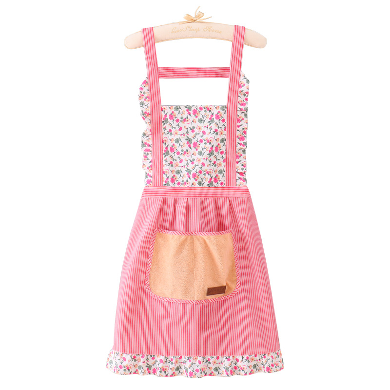 Fashion Floral Strap Apron Home Kitchen Adult Cooking Apron Large Pocket Hand Wipes Anti-Oil Apron Item Picture