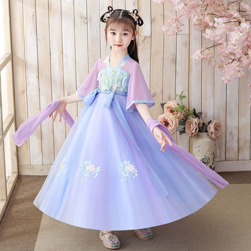 National Trend - Hanfu Children's, Girls', Kids', Little Girls' dresses Summer skirts Ethereal and flowing 2023 Short-sleeved ancient-style thin designs details Picture