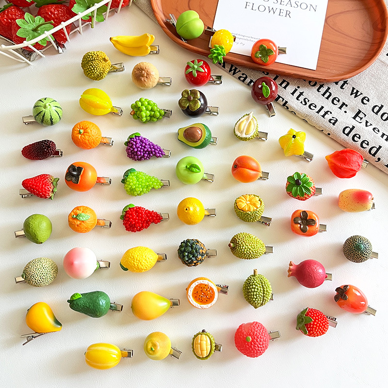 创意仿真水果发夹食玩草莓榴莲石榴发卡可爱树脂边夹趣味桃子发饰详情5