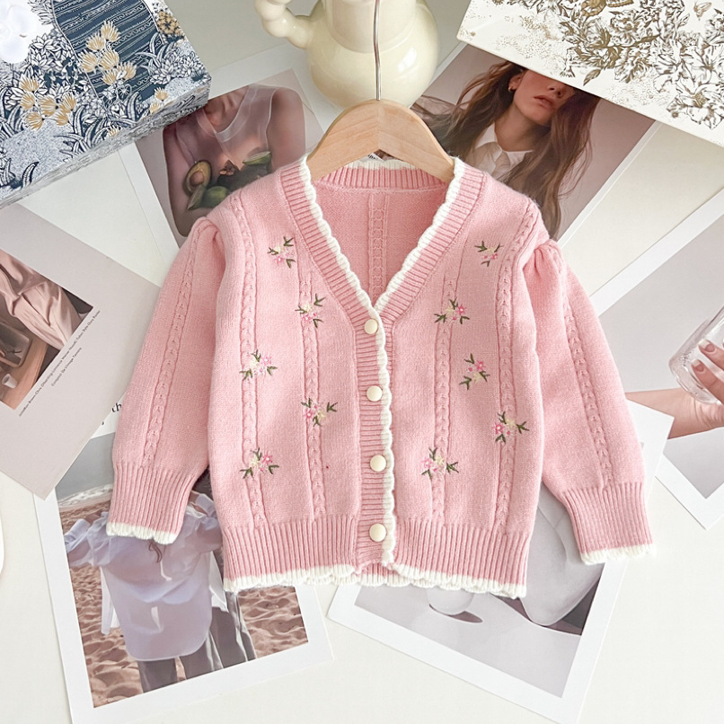 国潮中国风秋冬新款韩版儿童毛衣秋冬女童刺绣小花v领针织花朵开衫