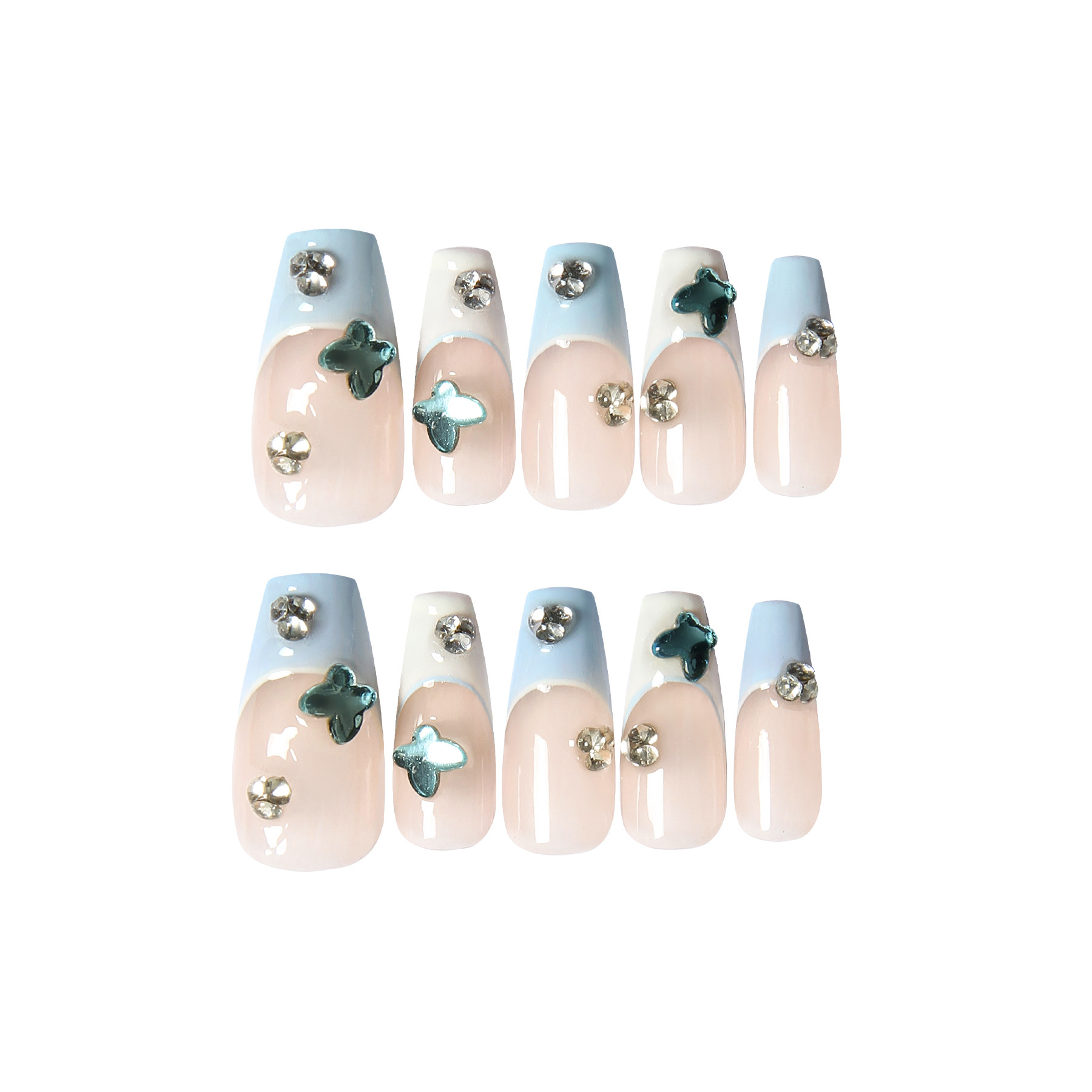 New Hand Nail Pure Hand Wear Nail Long Trapezoidal French Simple Nail Art Butterfly Green Plastic Box Packaging Application Scenario