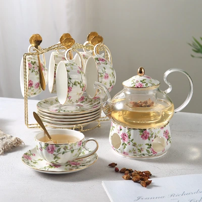 European country-style flower tea set, flower teapot, heating glass teapot with filter, ceramic water cup, cup and plate, brewing teapot thumbnail