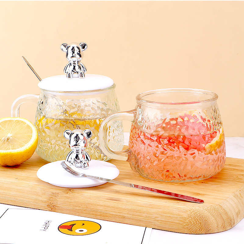 ins high appearance level bear glass cup with lid milk breakfast cup, new summer water cup, women's coffee cold drink cup Specification image