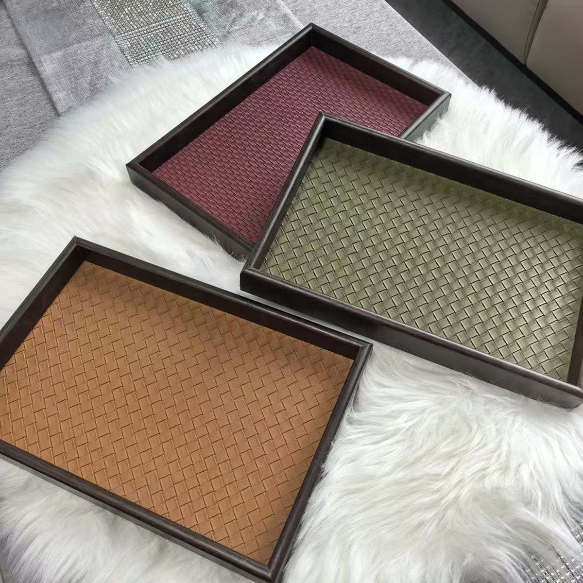 轻奢风编织皮质托盘长方形装饰果盘子玄关首饰品收纳桌面托盘摆件