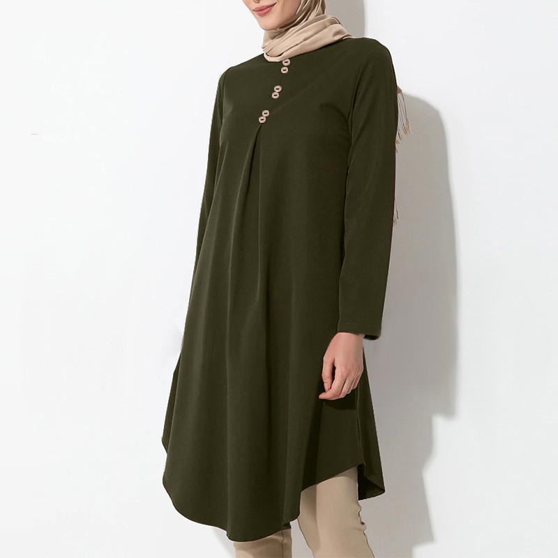 2022 Muslim New Women's Solid-Color Button Stitching Fashion Casual Long-Sleeved Dovetail Swing Dress In Stock details Picture