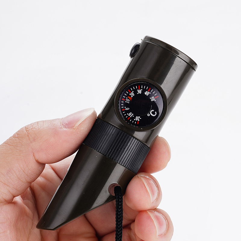Outdoor equipment: 7-in-1 multi-functional whistle, survival whistle, rescue whistle, LED light, thermometer, compass Application Scenario