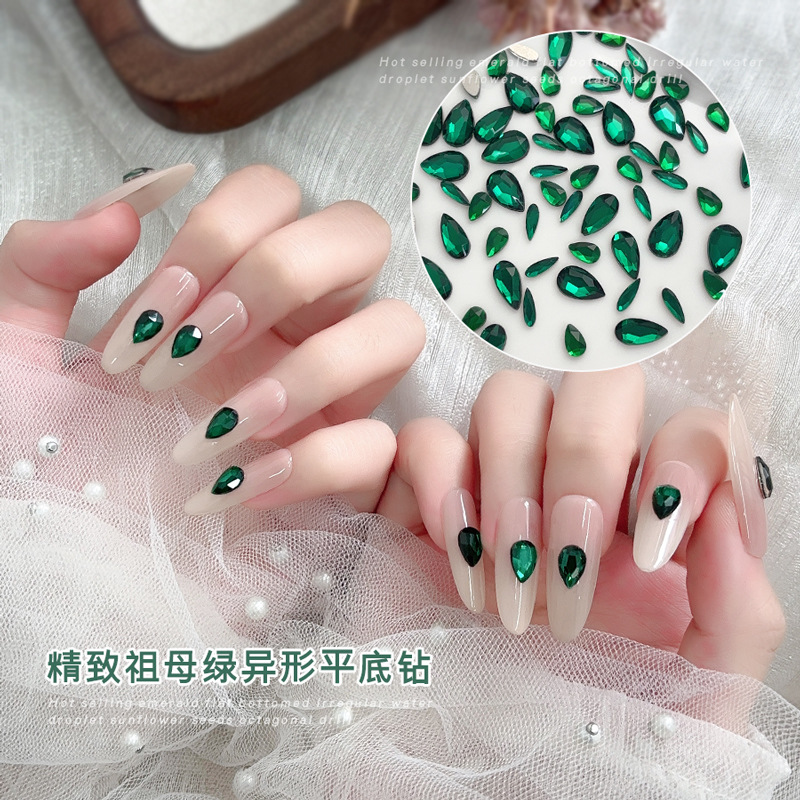 Emerald flat-bottomed nail drill, sparkling three-dimensional long octagonal heart-shaped water drop melon seed-shaped nail drill diy accessories Specification image