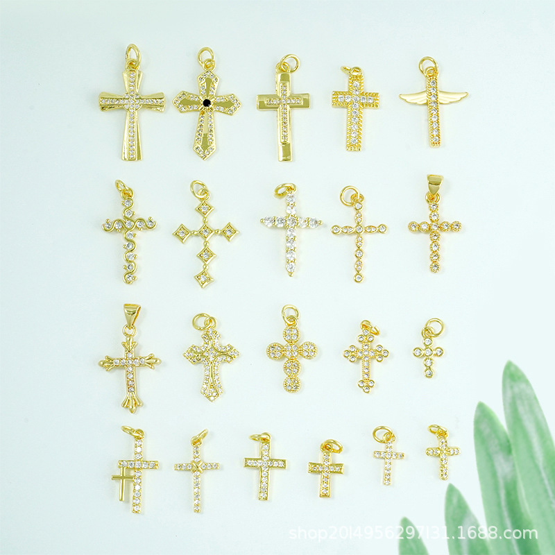 Diy Micro-Inset Zircon Copper Jewelry Accessories 18K Gold Electroplated Cross Series Pendant Accessories details Picture