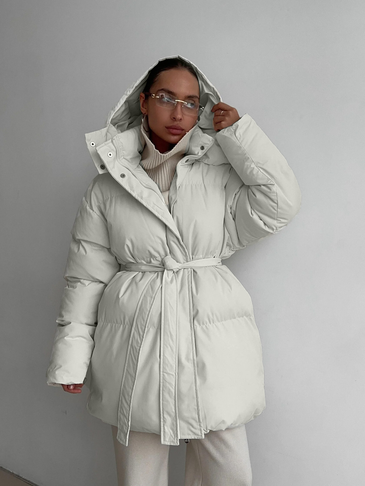 European and American style 2025 casual waist-cinching slimming hooded mid-length bread cotton-padded jacket for women, thickened cotton-padded jacket jacket in brown pic 2