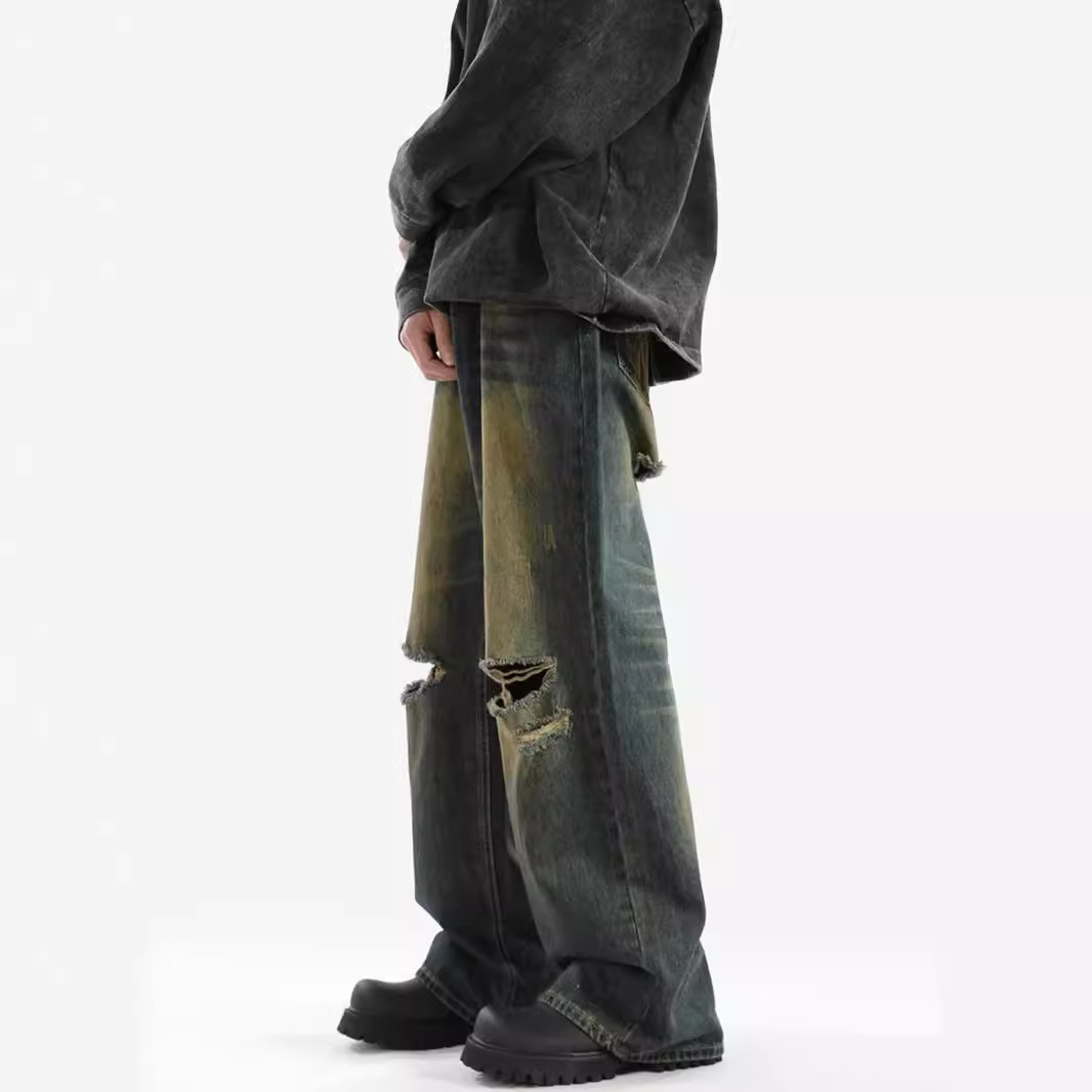 American wash pants high street ins retro ripped jeans men's summer straight leg loose brand high-grade pants details Picture