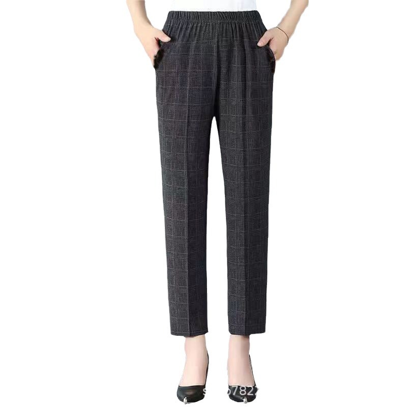 Women's striped thin 2024 middle-aged and elderly women's stretch straight long pants, high-waisted loose casual mom pants Item Picture