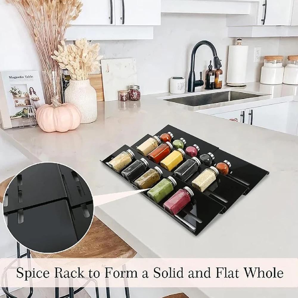 New acrylic black color adjustable kitchen seasoning rack, cabinet drawer organization and storage rack, spice rack Specification image
